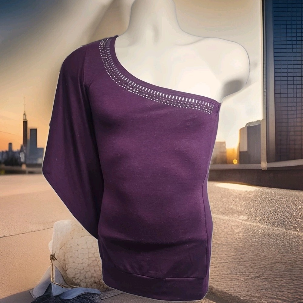Guess Women's Blouse Purple Toga Top One Shoulder Bat Sleeve Small Embellished